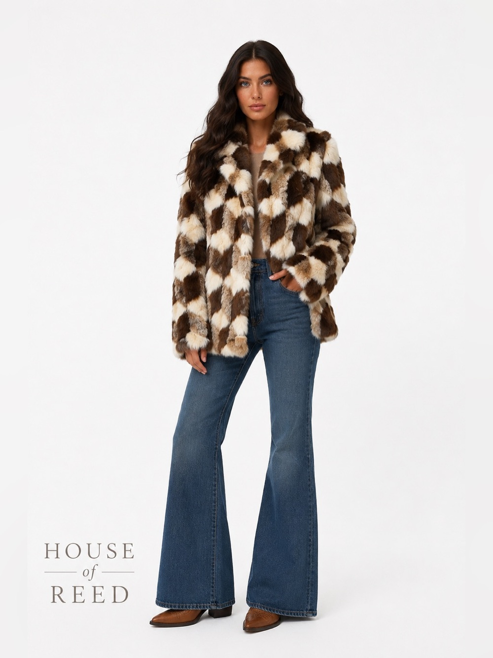 Vintage Genuine Rabbit Fur Patchwork Coat Brown Cream Western Luxe Jacket